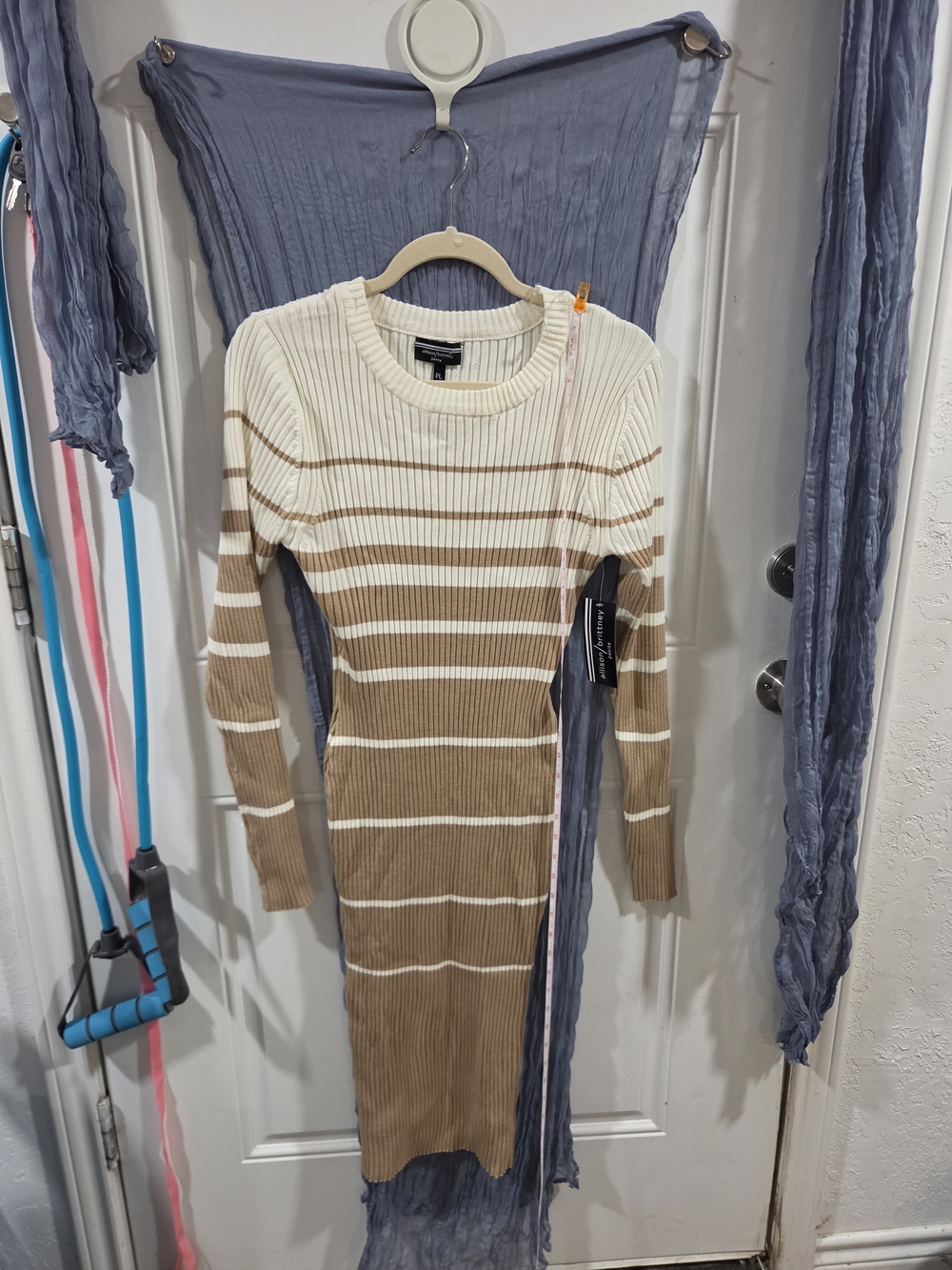 Allison Brittney Ribbed Striped Midi Dress in Cream and Tan